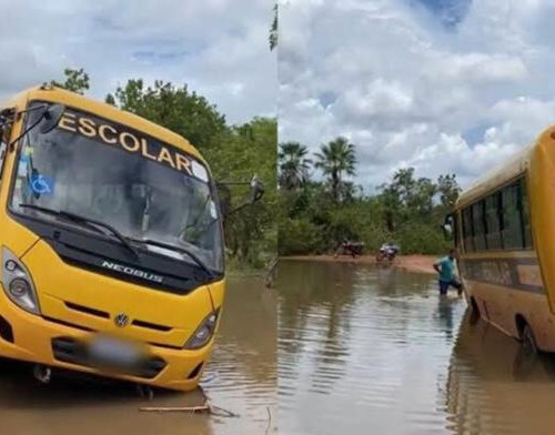 Ônibus escolar atola e quase tomba ao atravessar passagem molhada no Piauí