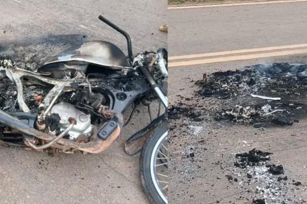 Moto pega fogo após motoqueiro ser atingido por fio de alta tensão rompido em Bom Jesus