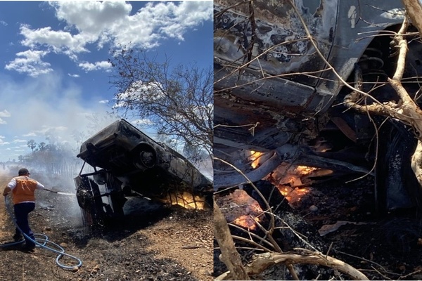 Carro capota e pega fogo após desviar de pedestre em Campo Maior