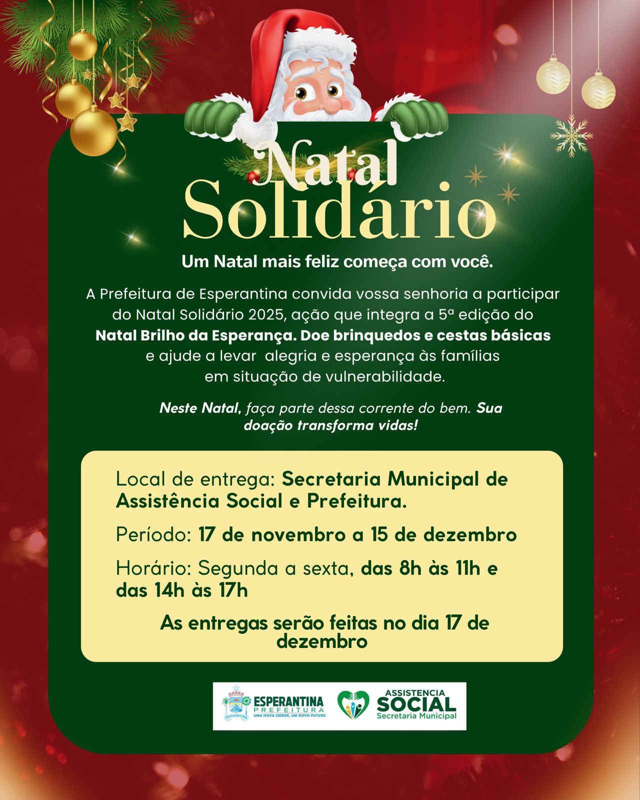 Prefeitura de Esperantina lança Natal Solidário 2025 e convida população a participar da campanha