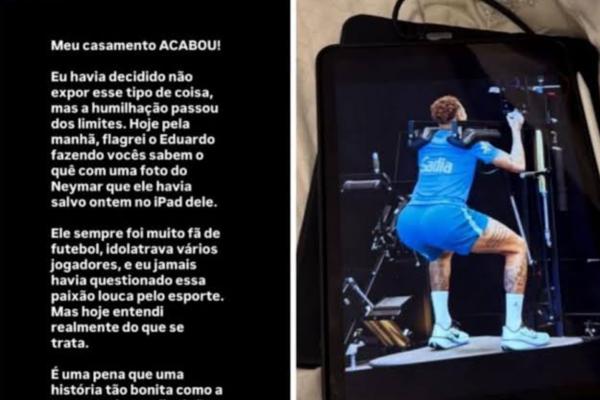 Influenciadora relata fim de casamento após flagrar marido no banheiro com foto de Neymar