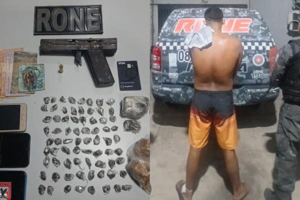 Suspeito tenta fugir, mas é preso pela RONE com drogas e arma na zona Norte